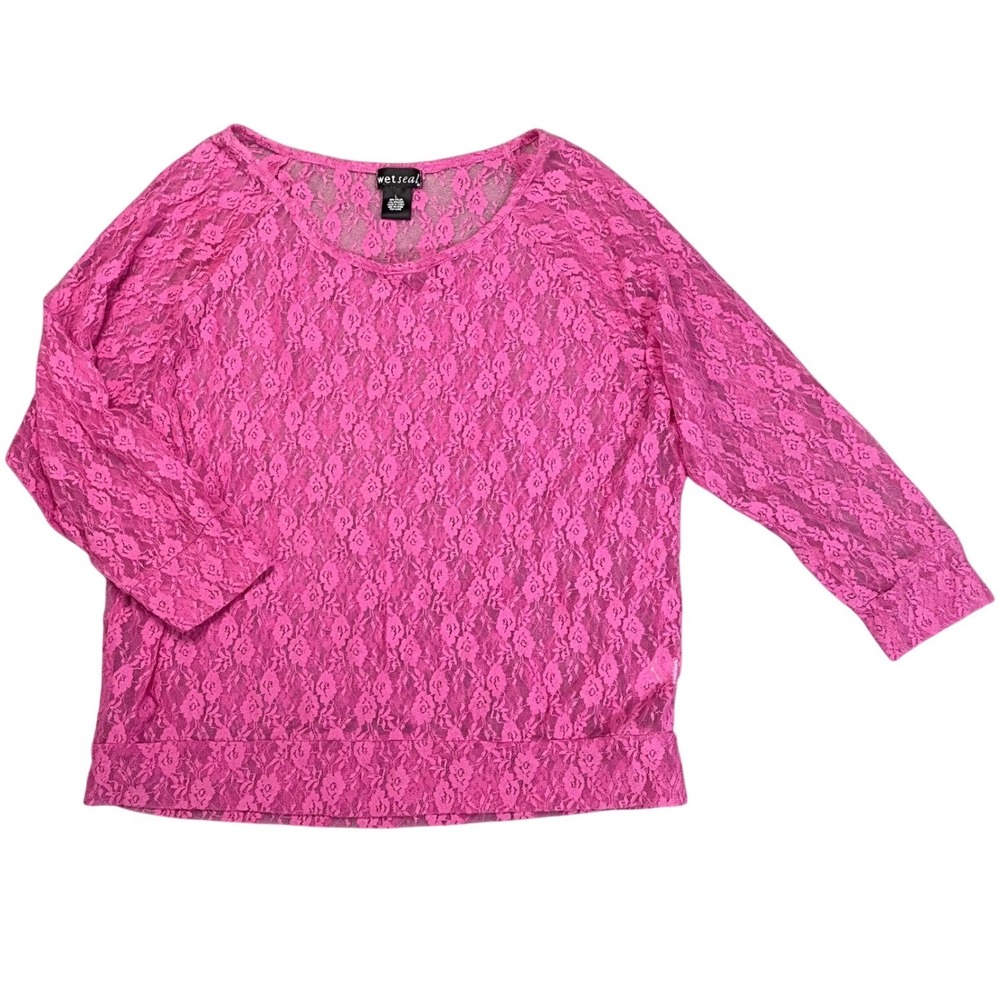 Wet Seal‎ Pink mesh Lace Long Sleeve Top Sheer Overlay juniors womens Size L Y2k